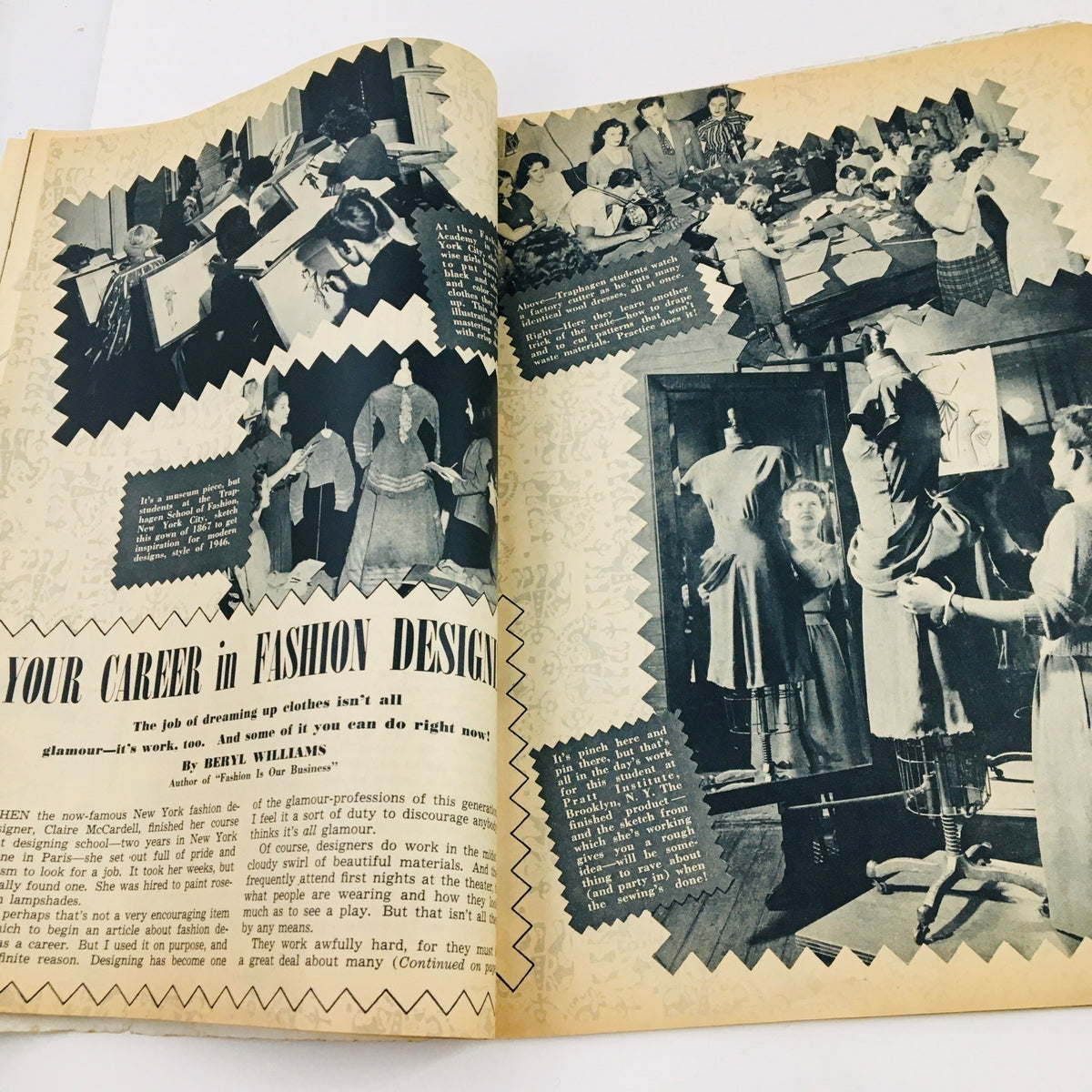 Interior image from Calling All Girls Magazine February 1946 featuring a section on a career in fashion design, showcasing women working on designs and garment fitting.