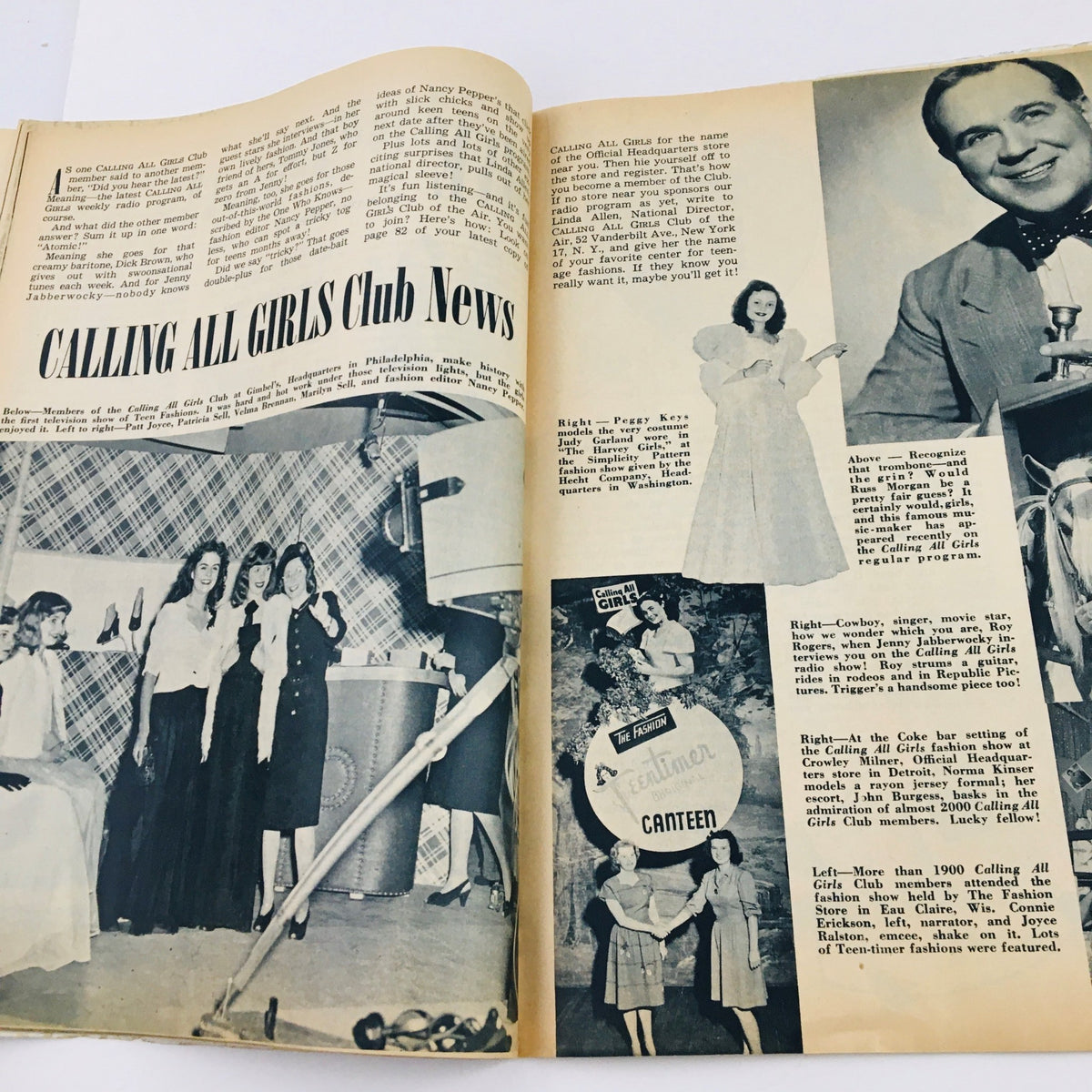 Clip from Calling All Girls Magazine February 1946 highlighting club news related to the Calling All Girls Club, with photos of event attendees and club activities.