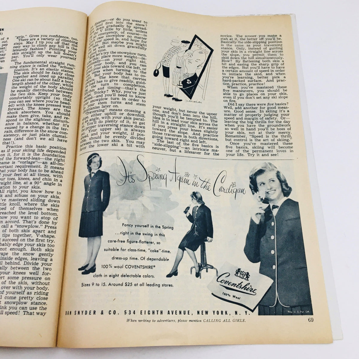 Interior page of Calling All Girls Magazine February 1946 with illustrations discussing fashion tips and advertisements for clothing, focusing on spring fashion trends.