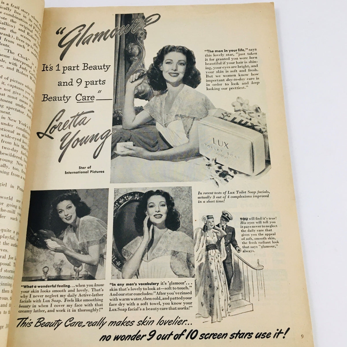 Page from Modern Screen Magazine June 1945 featuring Loretta Young discussing beauty care for women, promoting Lux Toilet Soap.