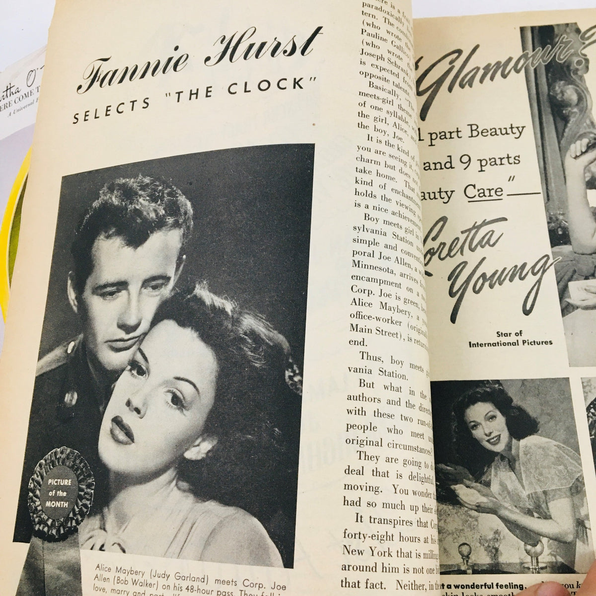 Fannie Hurst's selection from Modern Screen Magazine June 1945, highlighting the film 'The Clock' with a photograph of actors in a romantic scene.