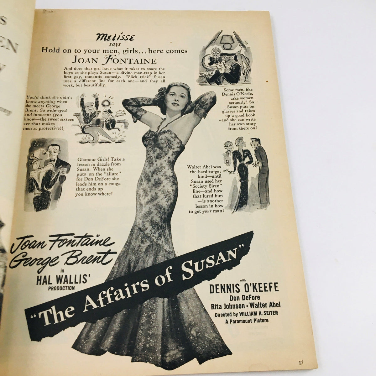 Advertisement from Modern Screen Magazine June 1945 featuring Joan Fontaine in glamorous attire, promoting the film 'The Affairs of Susan'.