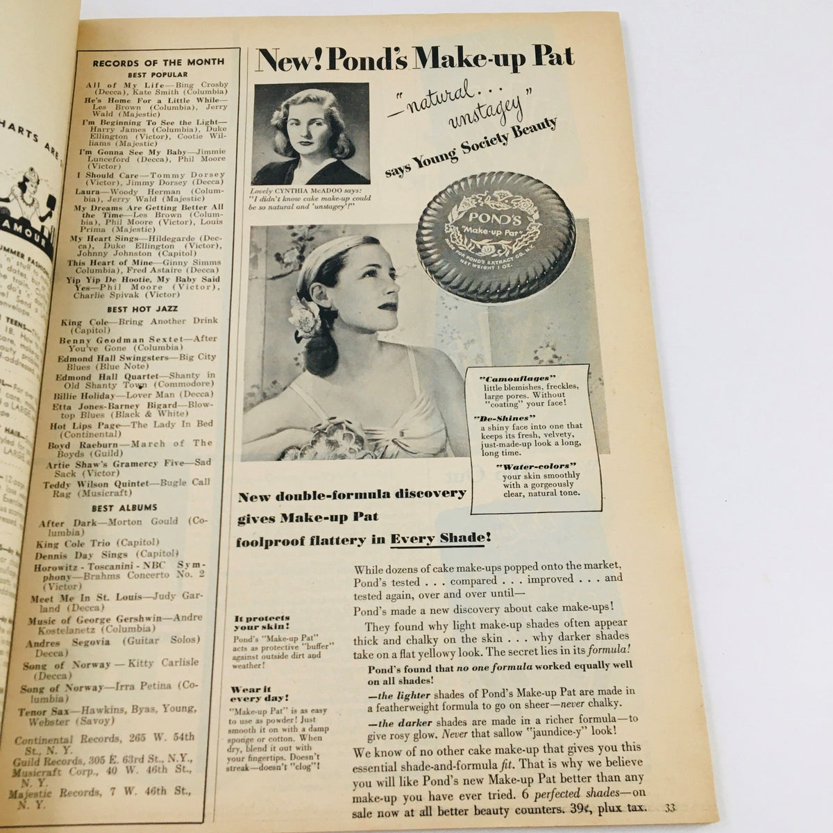 Vintage advertisement from Modern Screen Magazine June 1945 promoting Pond's Make-up Pat with a woman model showcasing makeup application.