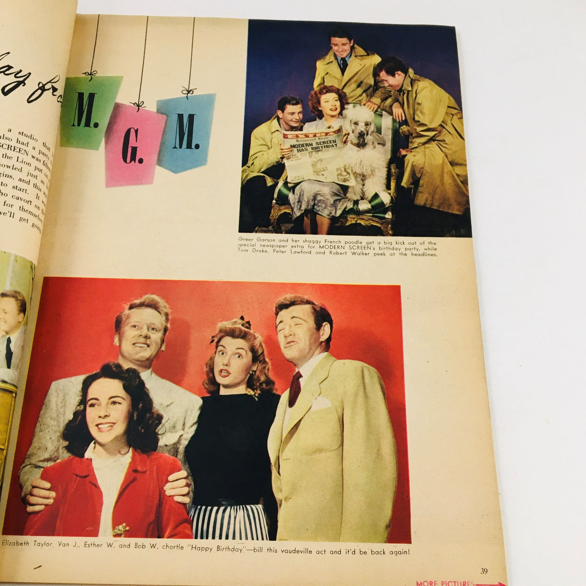 A celebratory page from Modern Screen Magazine June 1945 featuring Greer Garson, her poodle, and other stars at a birthday celebration for the magazine.