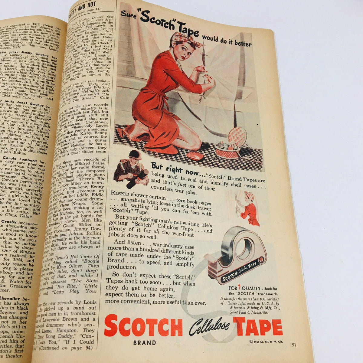 Advertisement from Modern Screen Magazine June 1945 for Scotch Tape, illustrating a woman using the product creatively in her home.