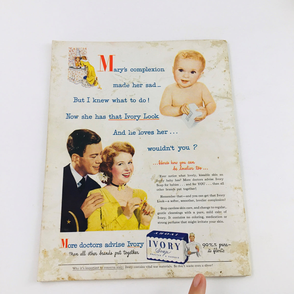 Back cover of Modern Screen Magazine June 1945 showcasing an Ivory Soap advertisement with a young couple and a baby, promoting skincare.