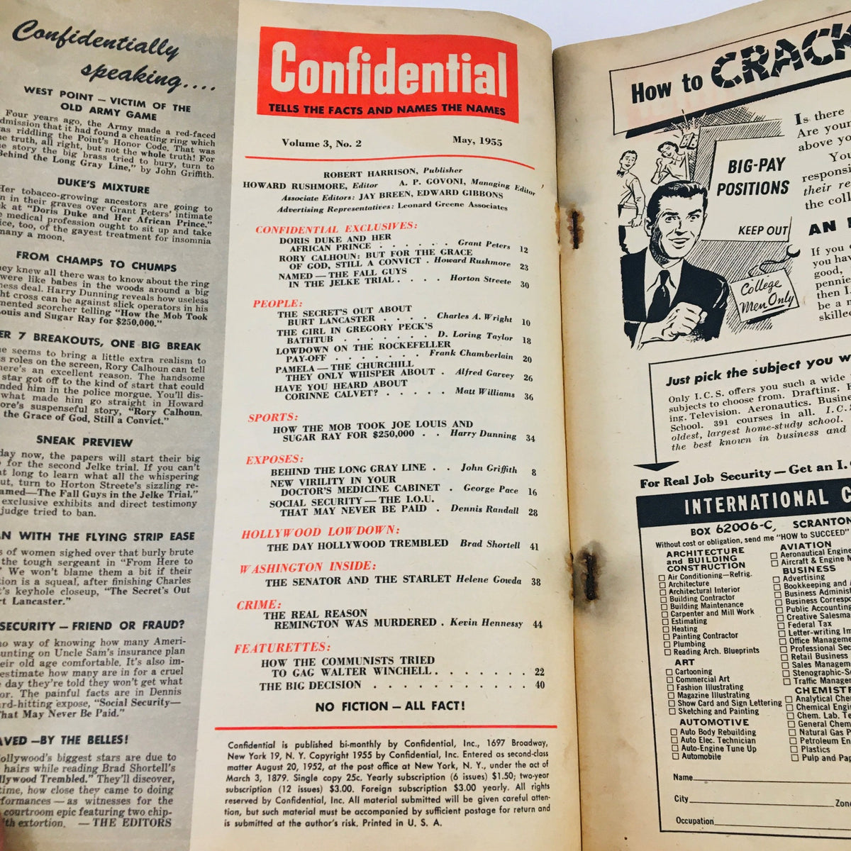 Inside page of Confidential Magazine May 1955, displaying the table of contents with articles about Doris Duke and Gregory Peck.