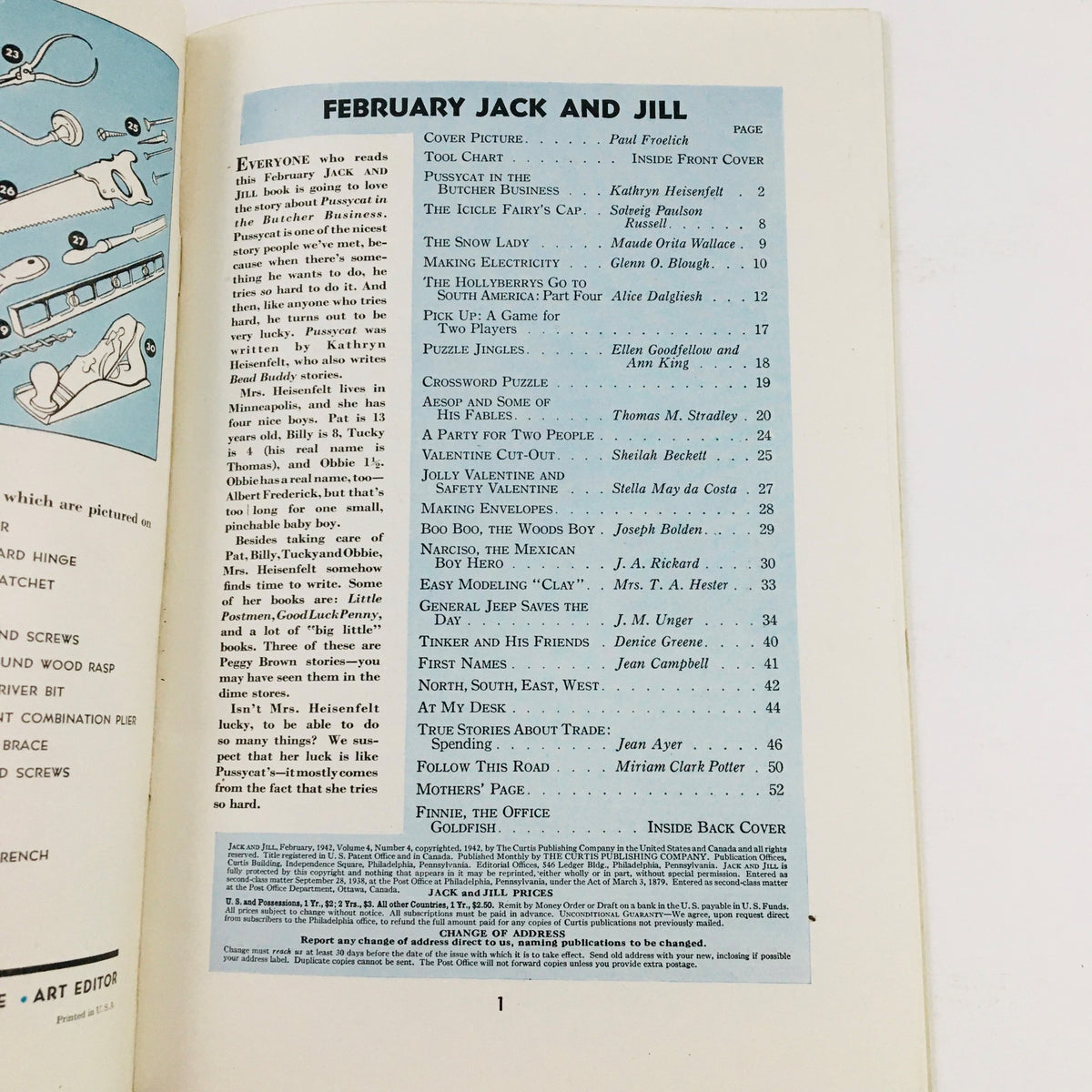 Interior page of Jack and Jill Magazine February 1942 displaying the table of contents, highlighting featured stories and illustrations.