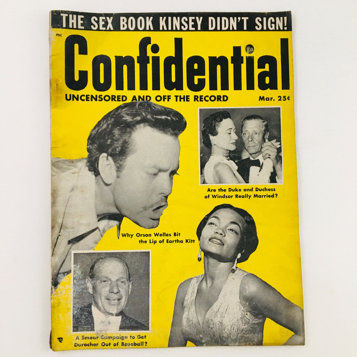 Cover of Confidential Magazine March 1954 featuring Orson Welles and Eartha Kitt with bold headlines and vibrant yellow background.
