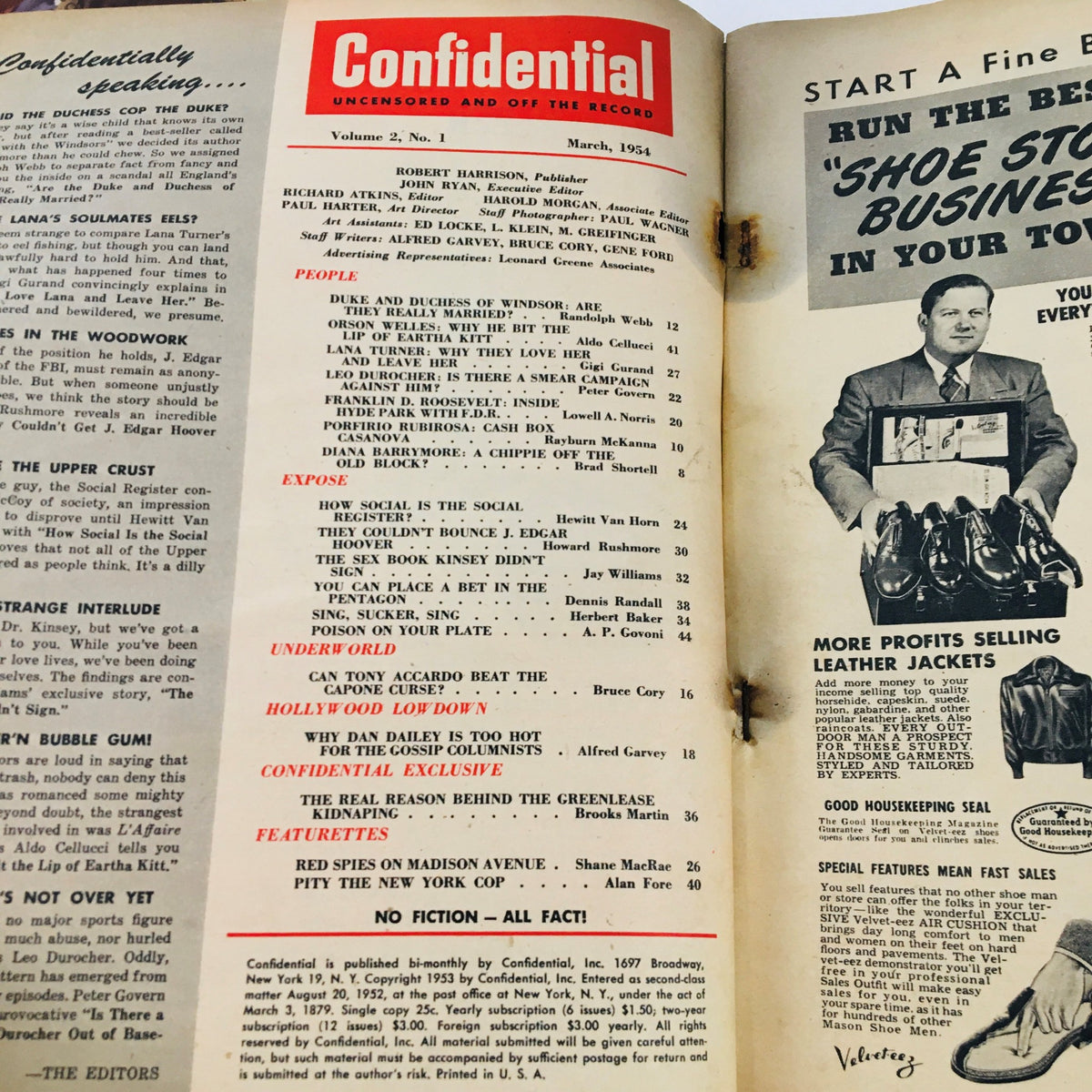 Inside page of Confidential Magazine March 1954 displaying the table of contents with noted articles including features on Orson Welles and Eartha Kitt.