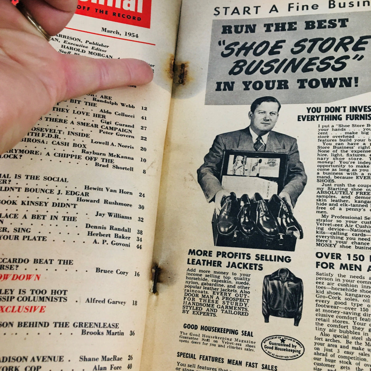 Close-up of the content page from Confidential Magazine March 1954, illustrating articles and features of notable celebrities.