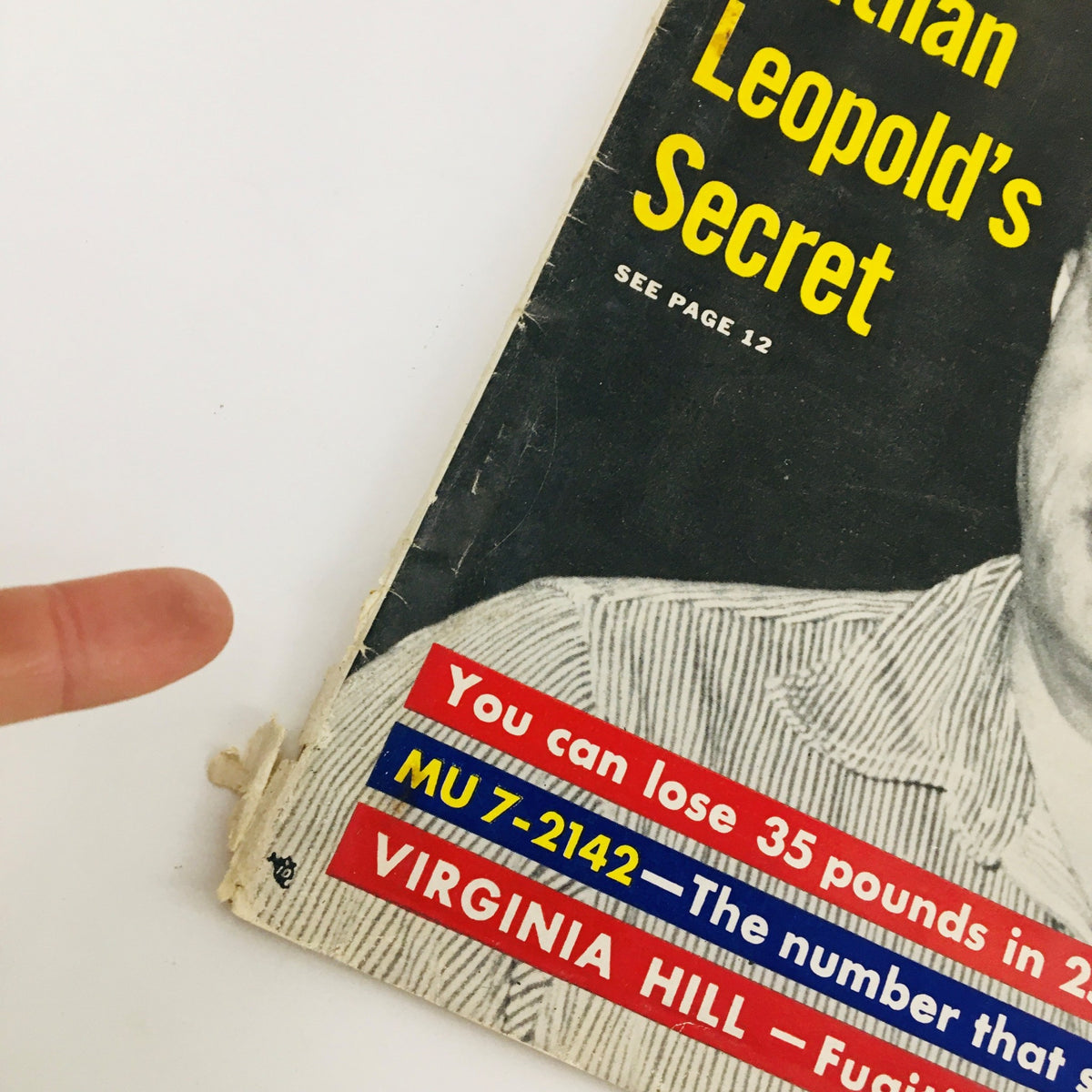 Close-up view of the left side of the Confidential Magazine June 1958, highlighting the title Nathan Leopold's Secret and advertisements on the cover.