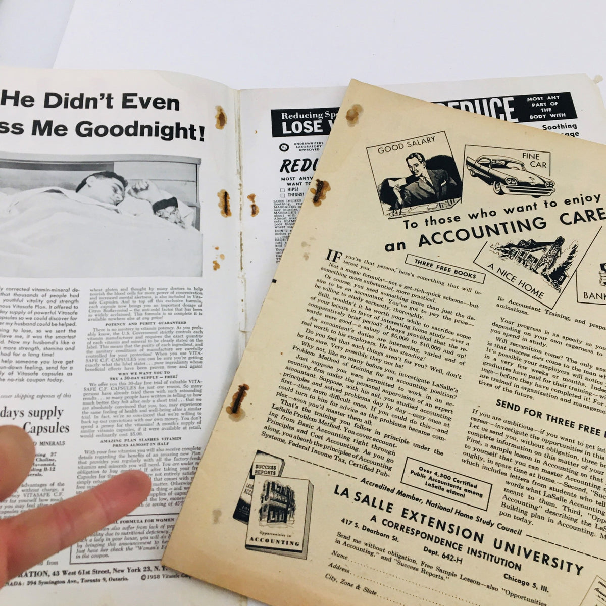 Inside pages of Confidential Magazine June 1958, displaying articles and advertisements, one titled 'He Didn't Even Kiss Me Goodnight!'