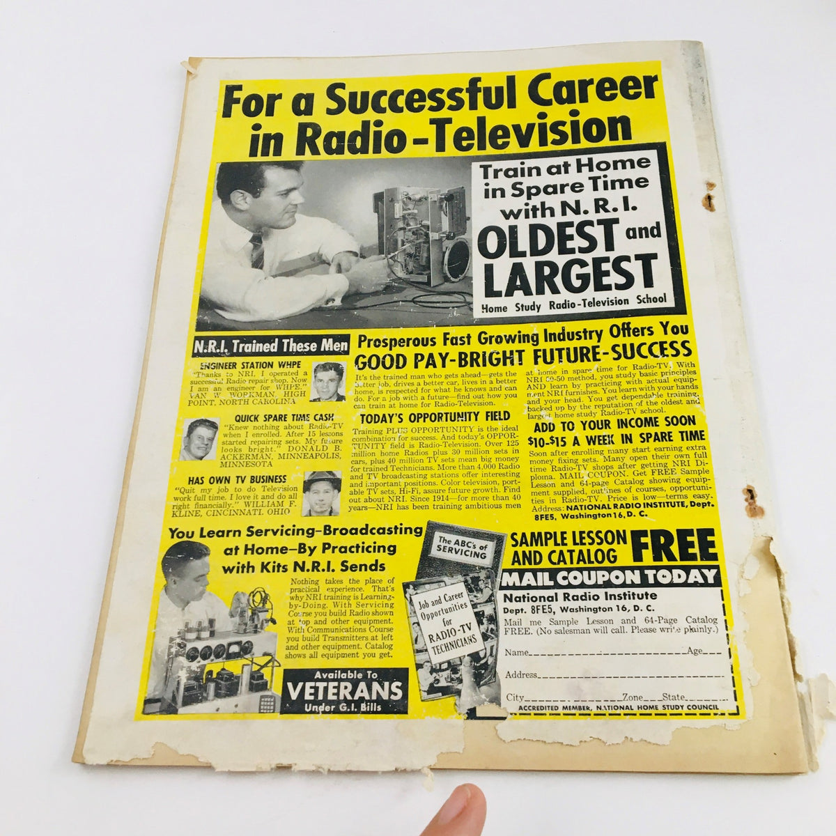 Back page of Confidential Magazine June 1958, featuring an advertisement for a radio-television home study course with bright yellow and black graphics.