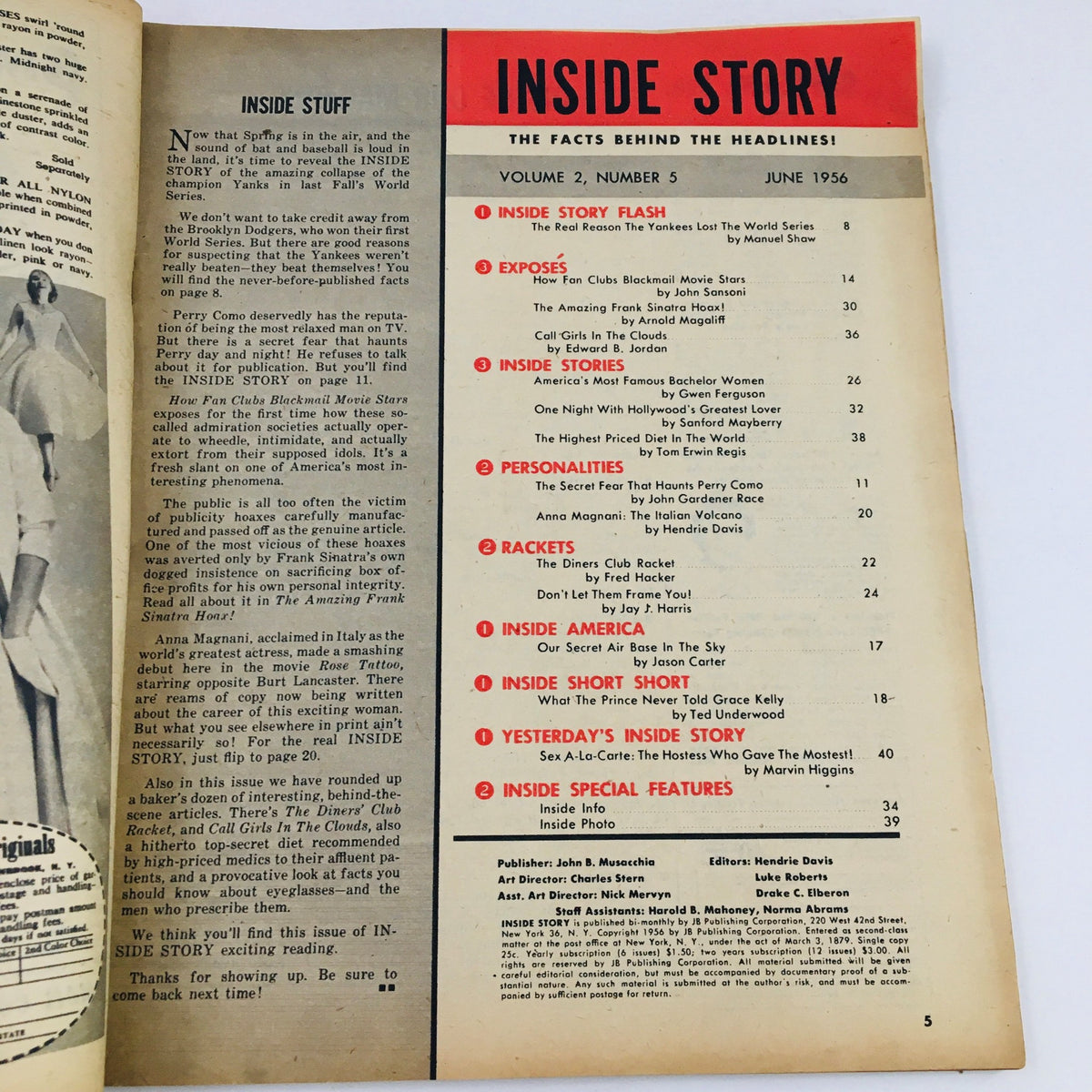 Inside Story Magazine June 1956 page featuring articles and contents list, including insights about Frank Sinatra and Perry Como.