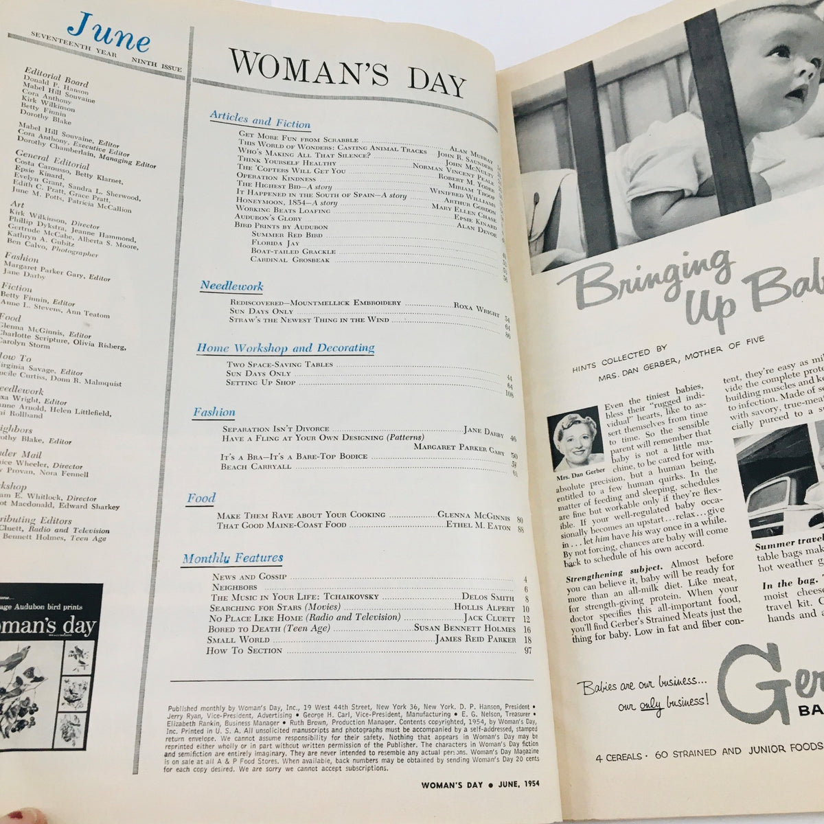 Interior page of Woman's Day Magazine June 1954, with a table of contents listing articles and features, reflecting the magazine's historical context and vintage design.
