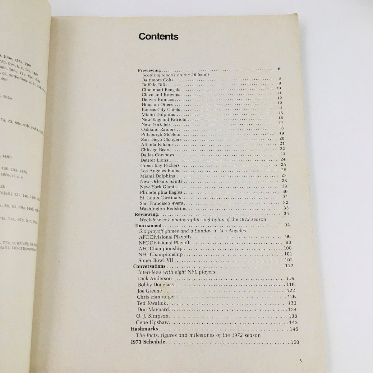Contents page from the ProLog Official NFL Annual 1973 Magazine showcasing scouting reports, team previews, and game details.