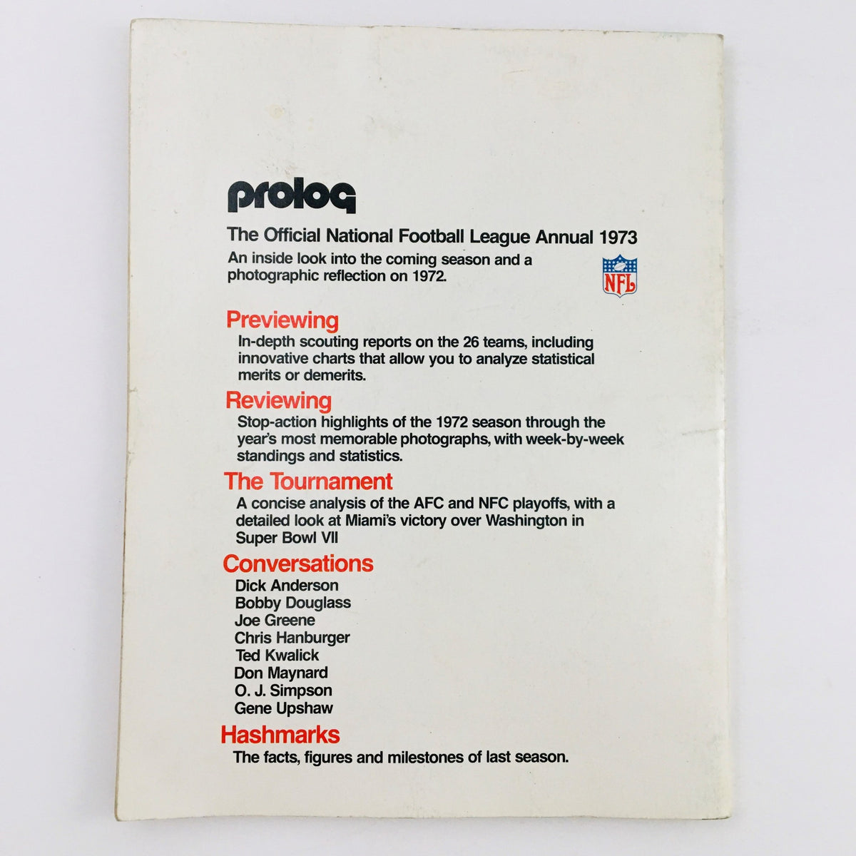 Back cover of ProLog Official NFL Annual 1973 Magazine detailing previews, reviews, and notable figures from the NFL season.