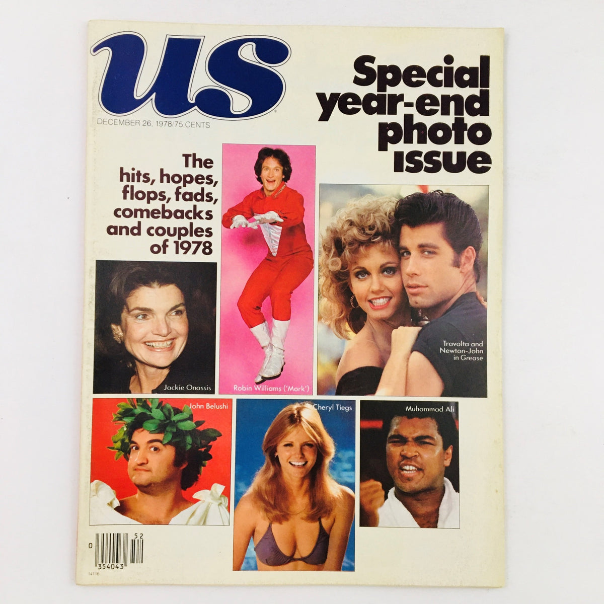 US Magazine December 26 1978 cover featuring Jackie Onassis, Robin Williams, John Belushi, Cheryl Tiegs, and Muhammad Ali, highlighting significant events and personalities of the year.