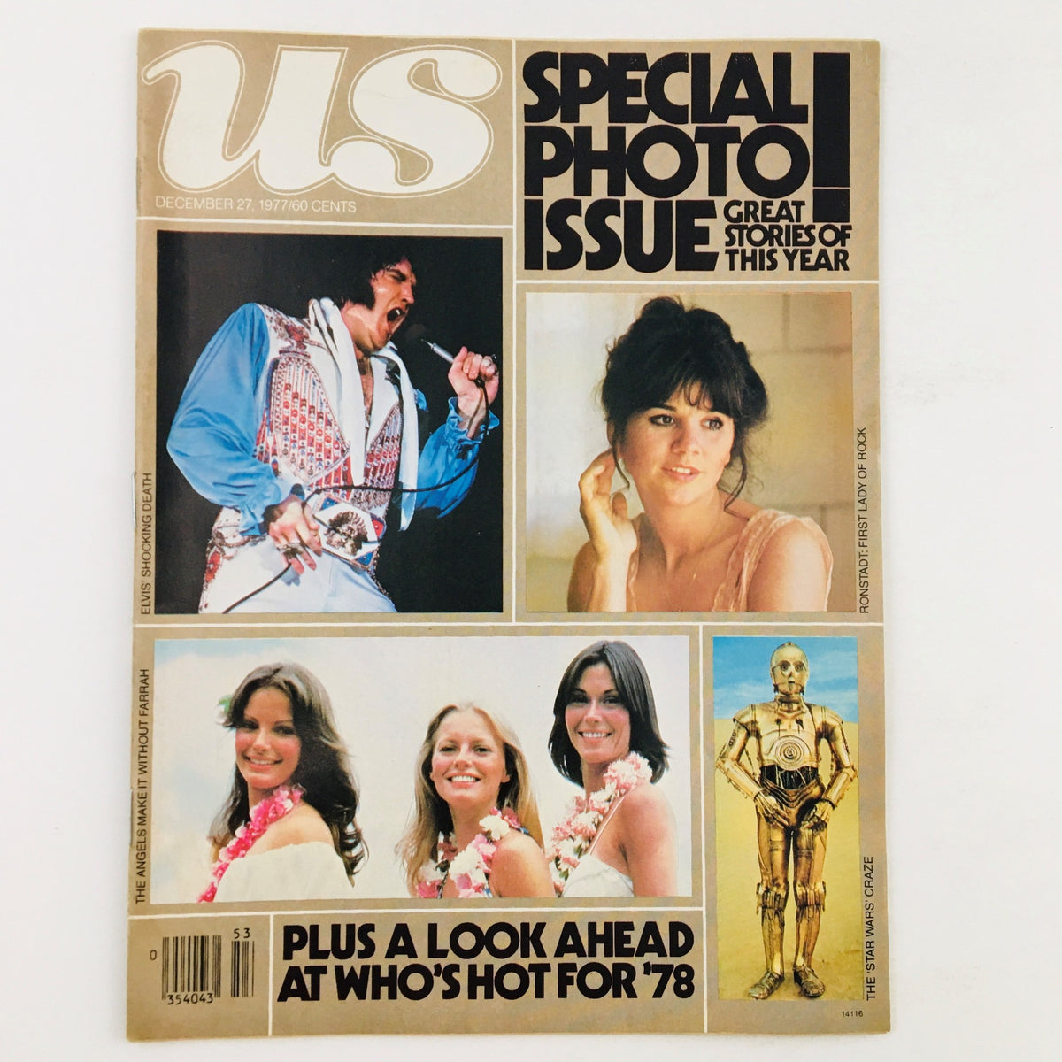 Cover of US Magazine December 27, 1977 featuring iconic singers Elvis Presley and Linda Ronstadt alongside other notable personalities, highlighting significant moments in pop culture.