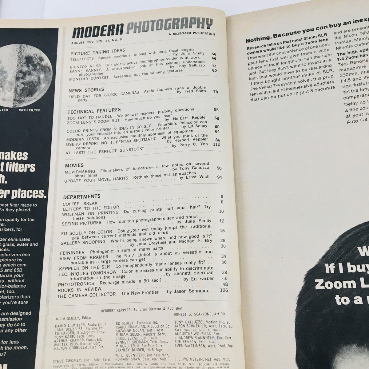 Inside page of Modern Photography Magazine August 1970, displaying the contents section with articles related to telephoto technology and photography tips, a valuable resource for photographers.