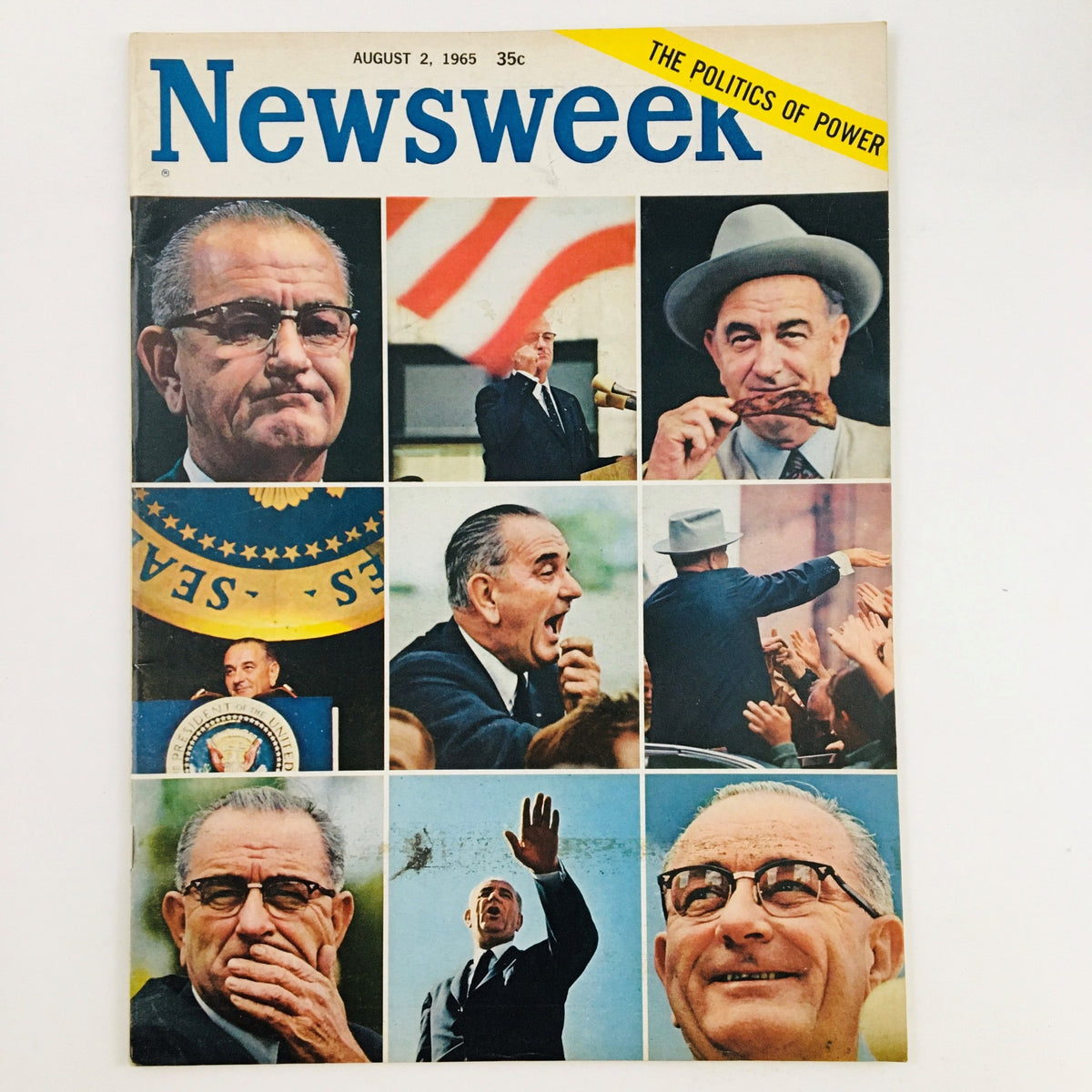 Newsweek Magazine August 2 1965 cover featuring Lyndon B. Johnson, showcasing multiple images including political events and portraits related to his presidency, highlighting the theme 'The Politics of Power'.