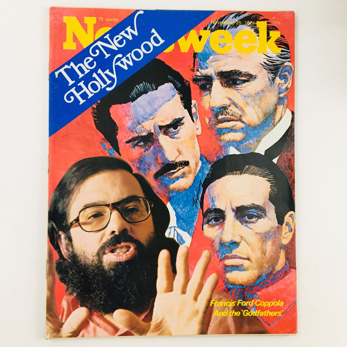Cover of Newsweek Magazine from November 25, 1974 featuring Francis Ford Coppola and iconic characters from 'The Godfather' films. The vibrant artwork highlights the theme of 'The New Hollywood.'