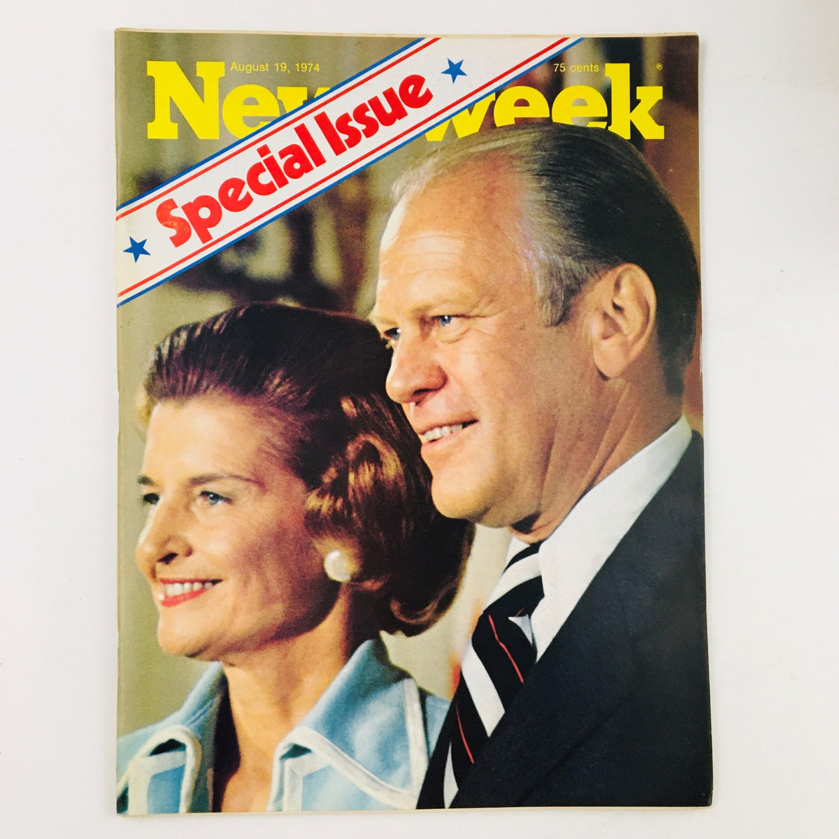Newsweek Magazine cover from August 19, 1974, featuring Gerald Ford and Betty Ford, highlighting a special issue on American politics.