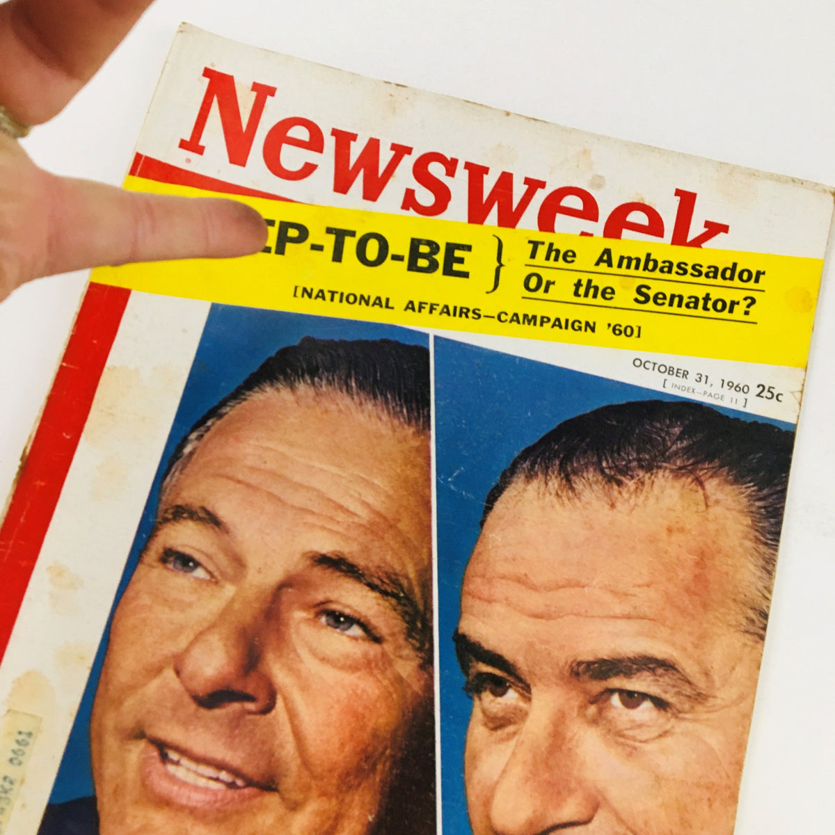 Close-up of Newsweek Magazine cover dated October 31, 1960, showcasing Lyndon B. Johnson and the 87th Congress, emphasizing the headline 'Veep-To-Be: The Ambassador or the Senator?'