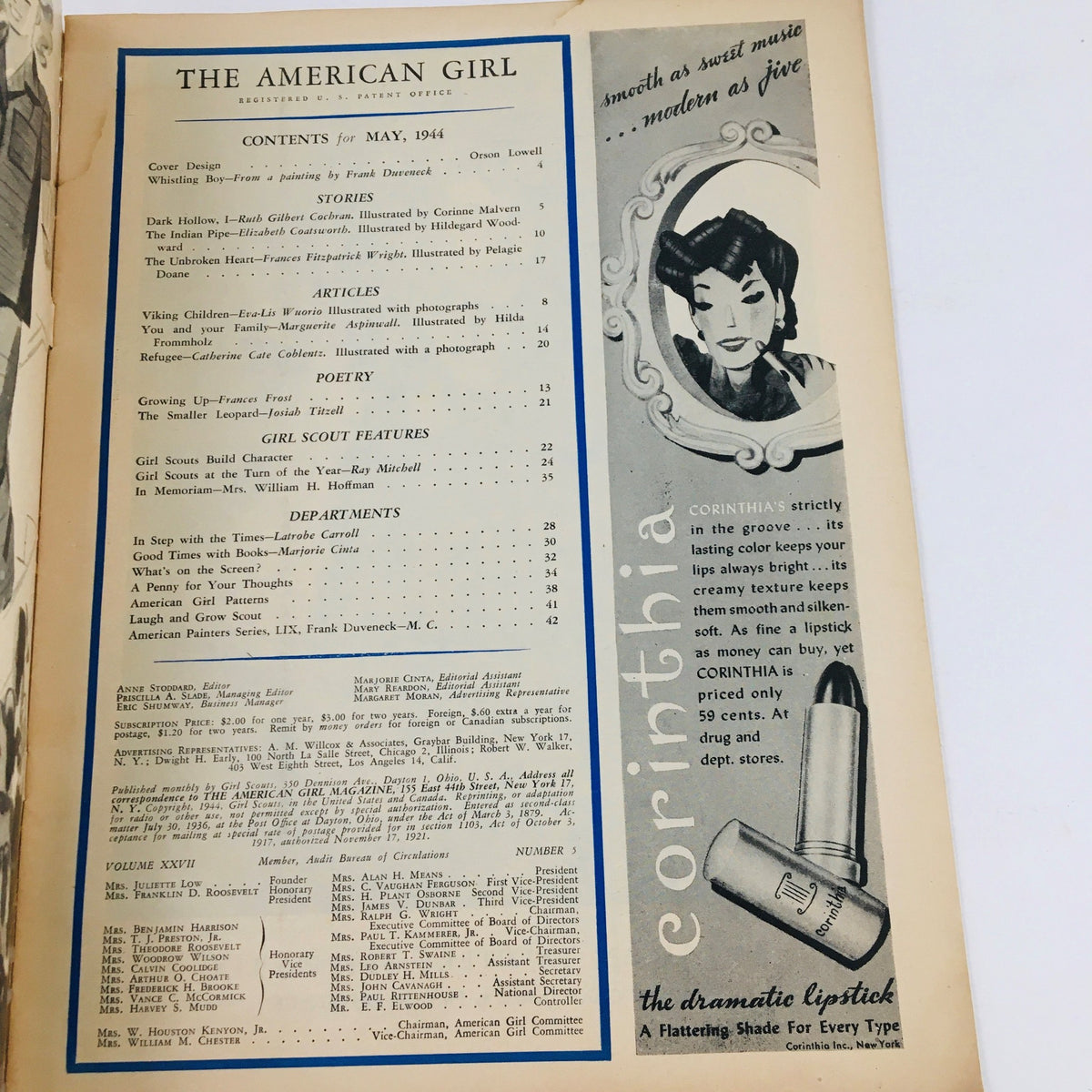 Inside contents page of The American Girl Magazine, May 1944, detailing articles, stories, and features including the painting 'Whistling Boy' by Frank Duveneck.