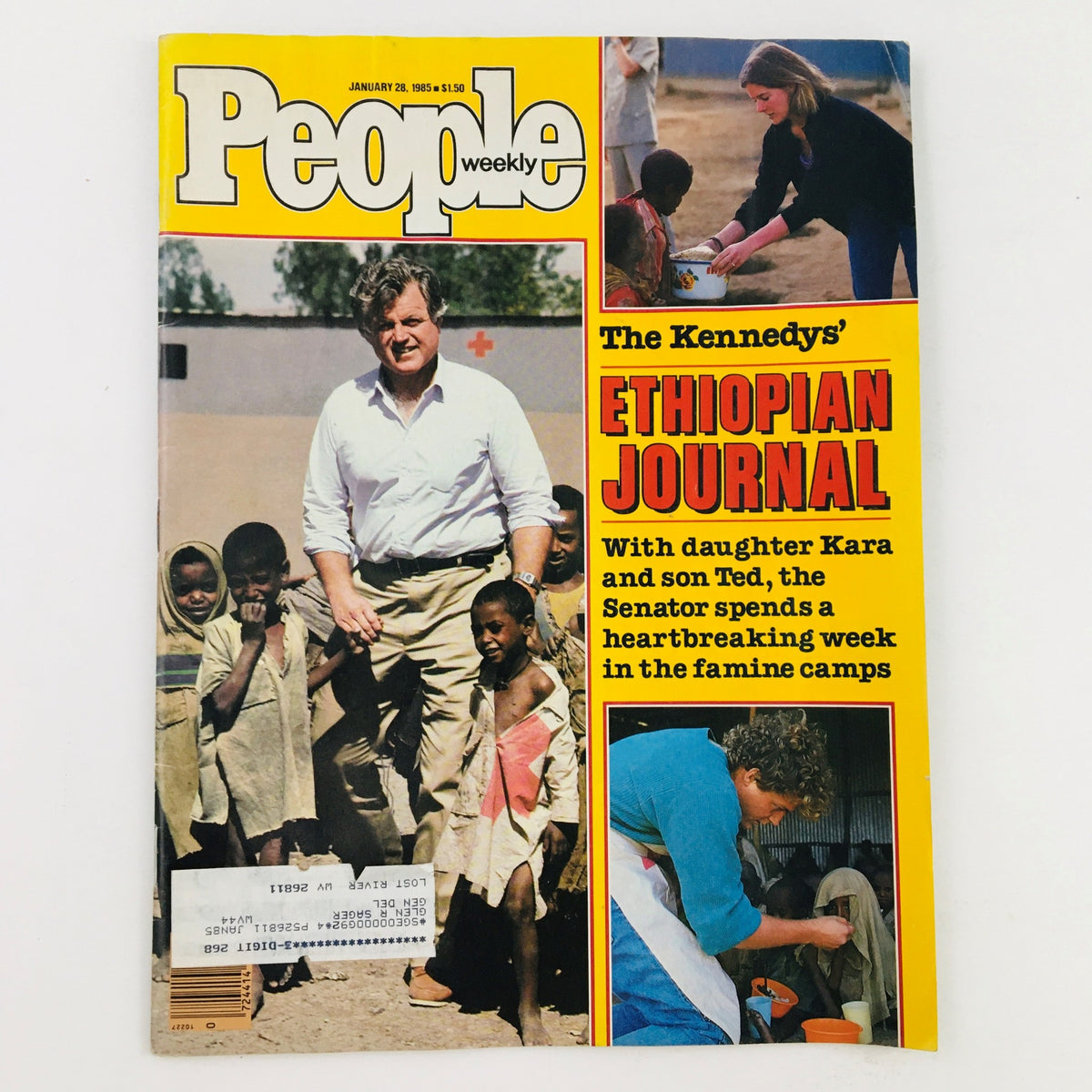 People Weekly Magazine cover from January 28, 1985, featuring Ted Kennedy with daughter Kara and son Ted, highlighting their Ethiopian journey and the Senator's humanitarian efforts in famine camps.