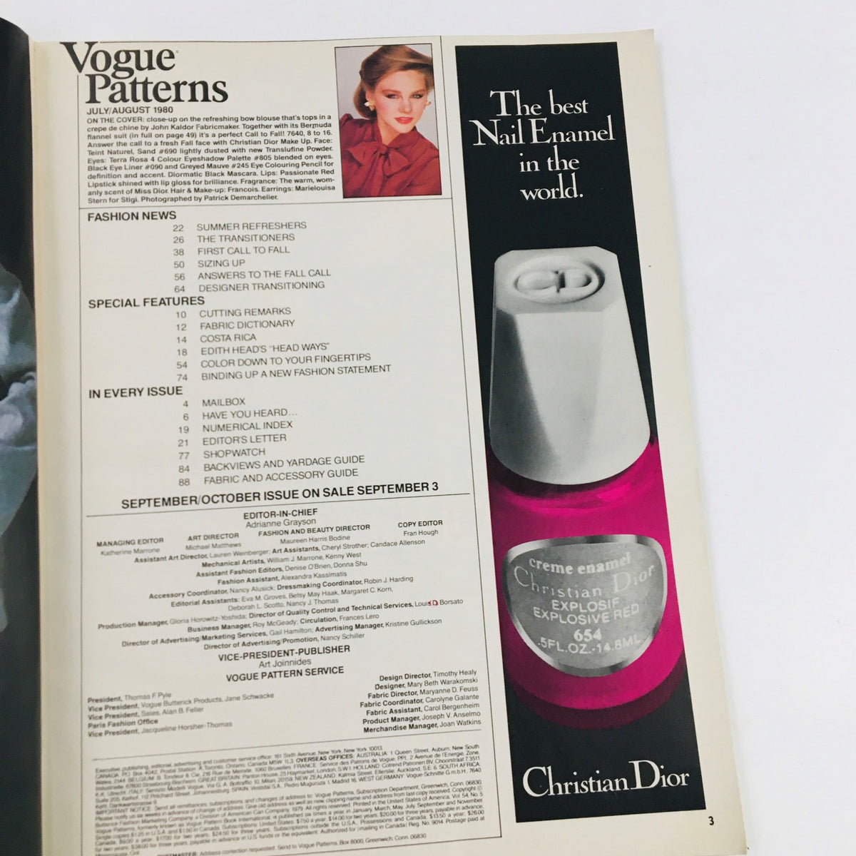 Inside page of Vogue Patterns Magazine July 1980 displaying fashion news and features, including a model image and an advertisement for Christian Dior nail enamel.