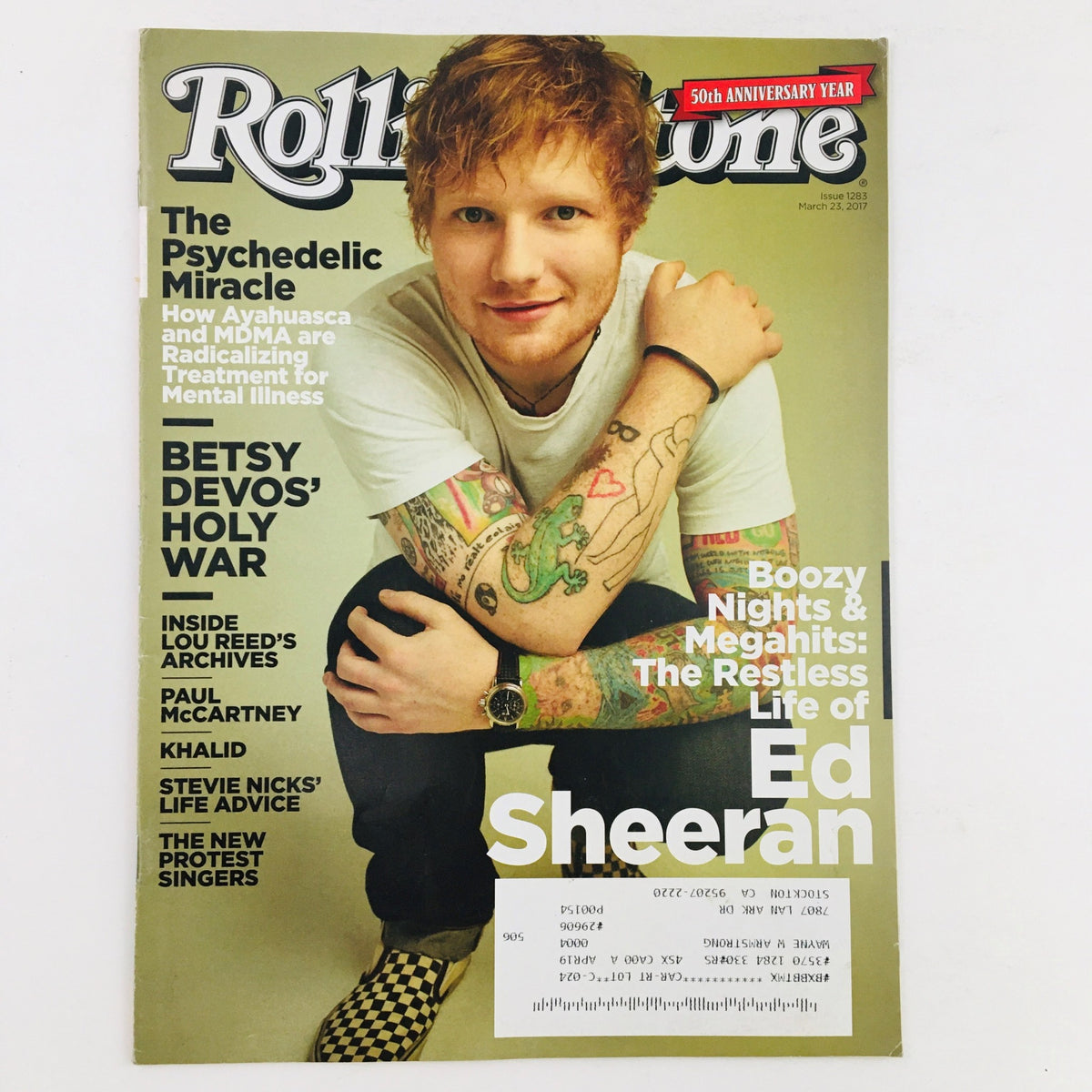 Rolling Stone Magazine March 23 2017 featuring Ed Sheeran on the cover, showcasing the article 'Megahits: The Restless Life of Ed Sheeran' with vibrant imagery and tattoos.