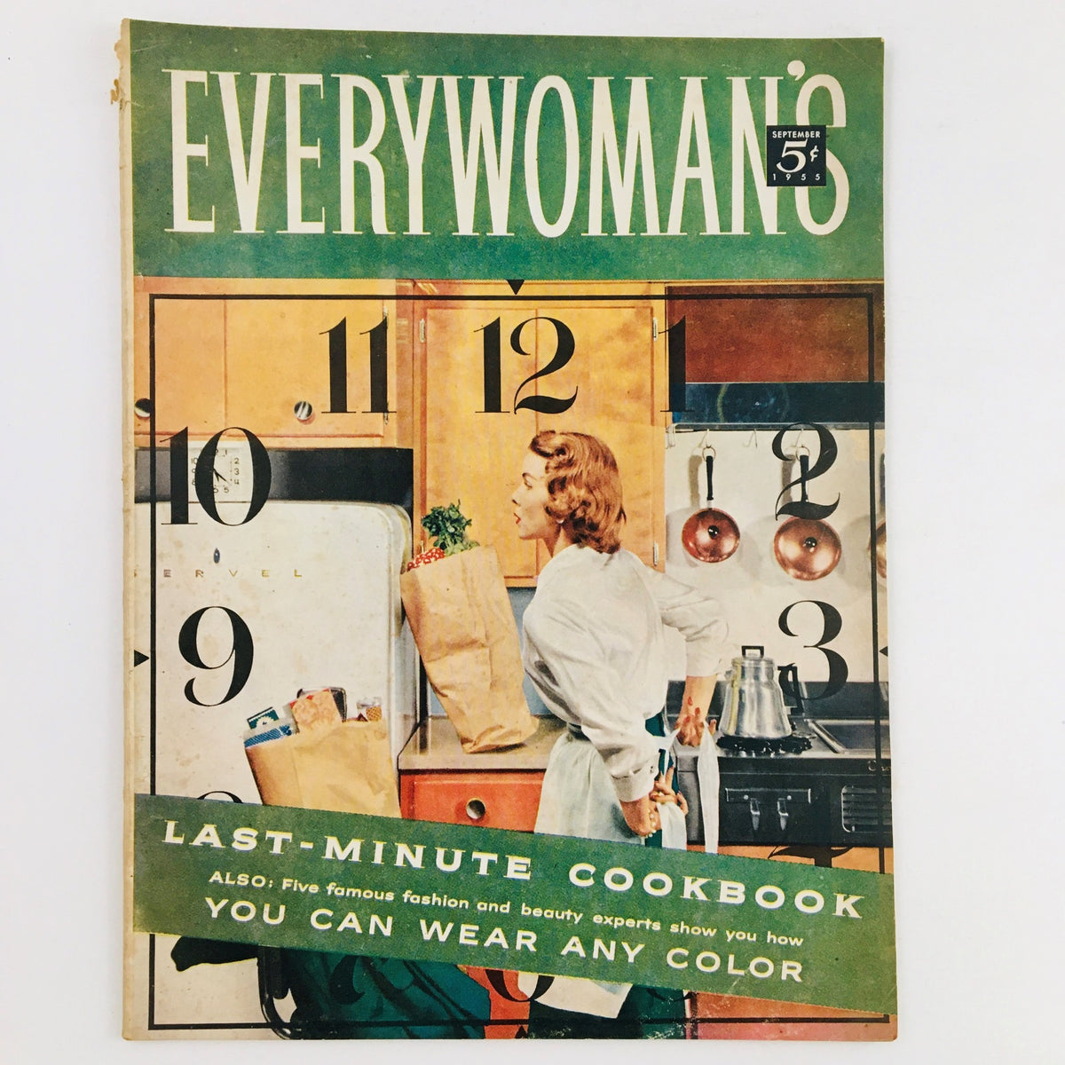 Cover of VTG Everywoman's Magazine September 1955 featuring Last-Minute Cookbook with a stylish woman in the kitchen and retro design elements.