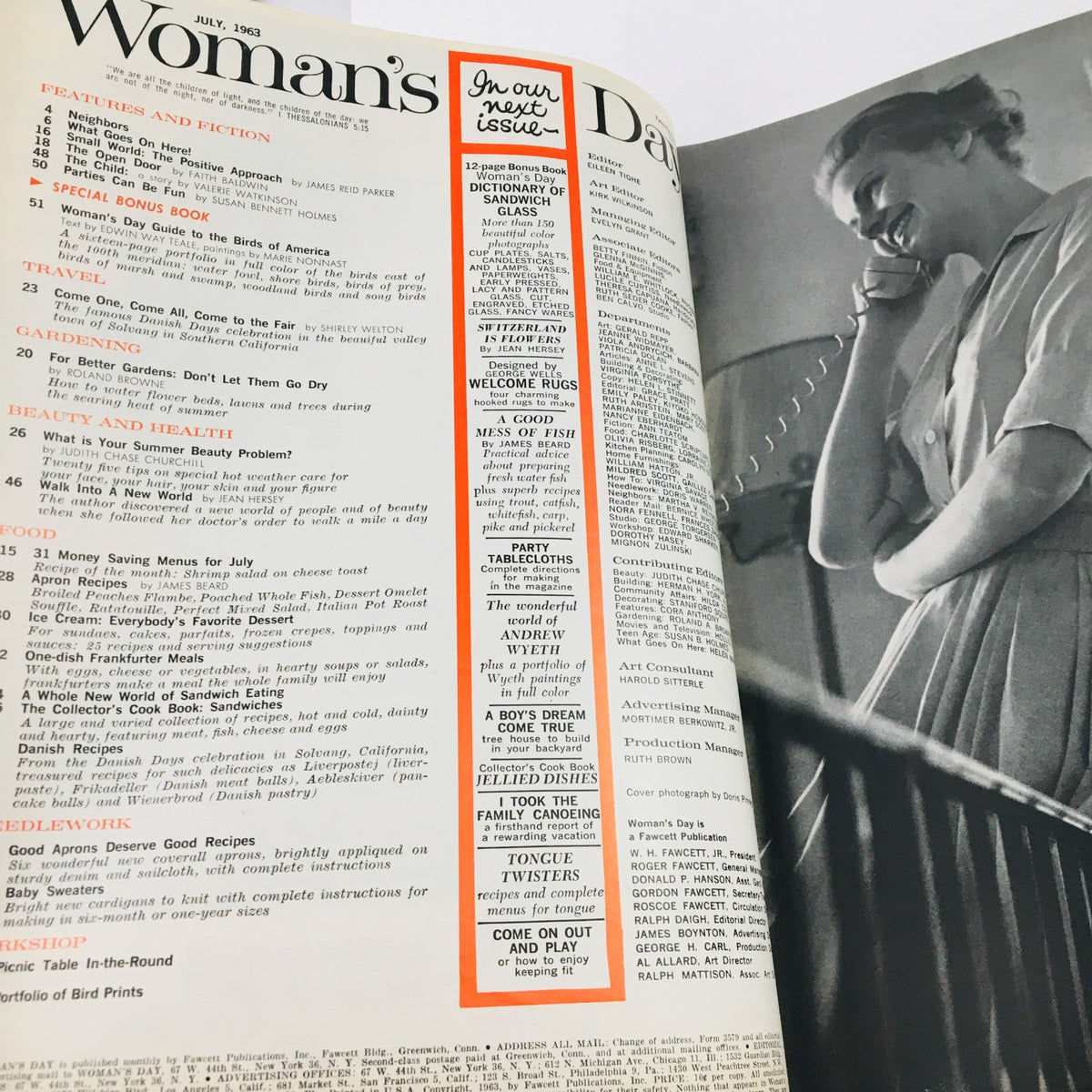 Woman's Day Magazine July 1963 showcasing features and articles, including a special bonus section on the birds of America, reflecting mid-century home and lifestyle trends.