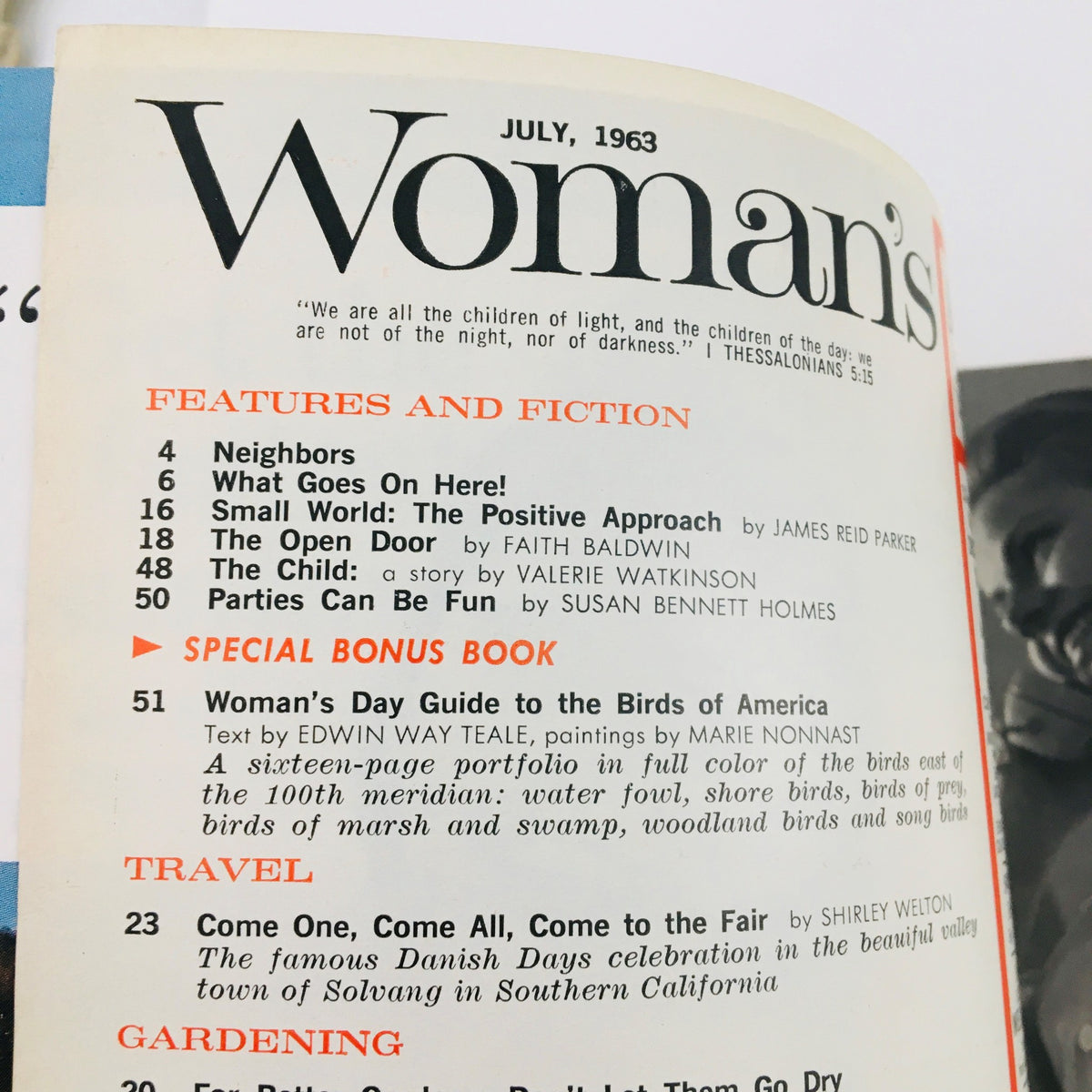 Woman's Day Magazine July 1963 cover page highlighting featured articles, including a section on gardening and travel, representing vintage home and lifestyle themes.