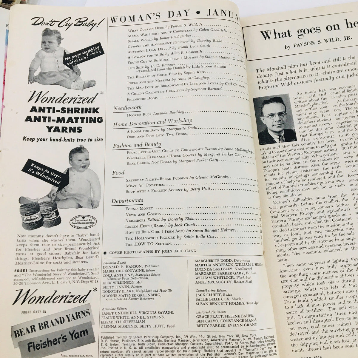 Interior page of Woman's Day Magazine January 1948 displaying table of contents and advertisements, highlighting family and home topics popular in the late 1940s.