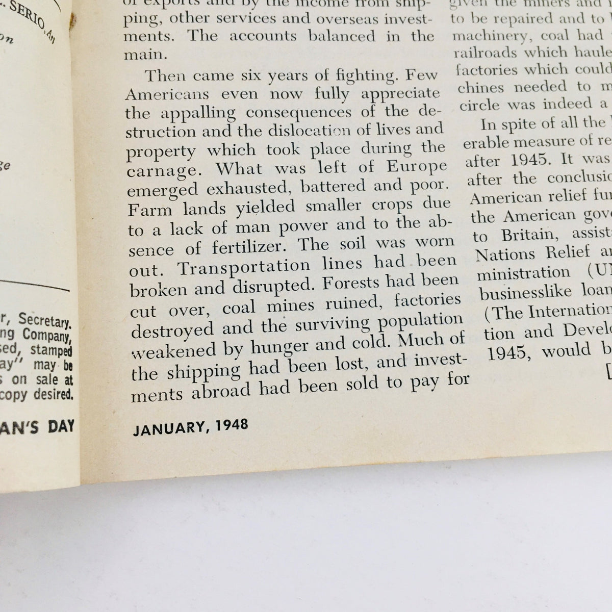 Inside page of Woman's Day Magazine January 1948 featuring historical text and details about post-war Europe, showcasing the publication's vintage appeal.