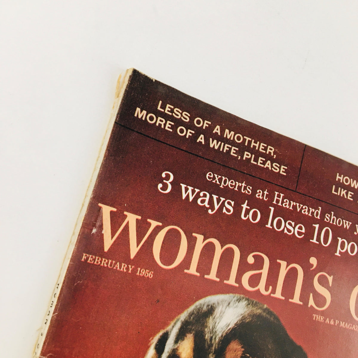 Cover of Woman's Day Magazine February 1956 featuring the article 'Less of a Mother, More of a Wife' along with tips to lose weight, showcasing mid-20th century design.