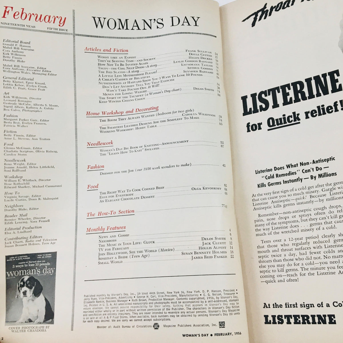 Table of contents page from Woman's Day Magazine February 1956 detailing articles, features, and topics of interest, reflective of women's roles in the 1950s.