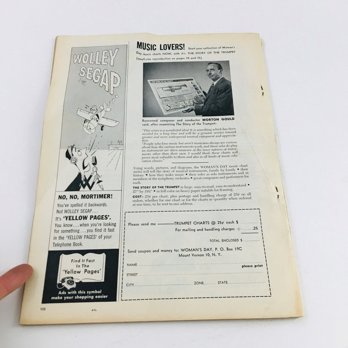 Back page of Woman's Day Magazine February 1956 promoting music charts and highlighting the story of the trumpet, maintaining the vintage magazine's advertising style.