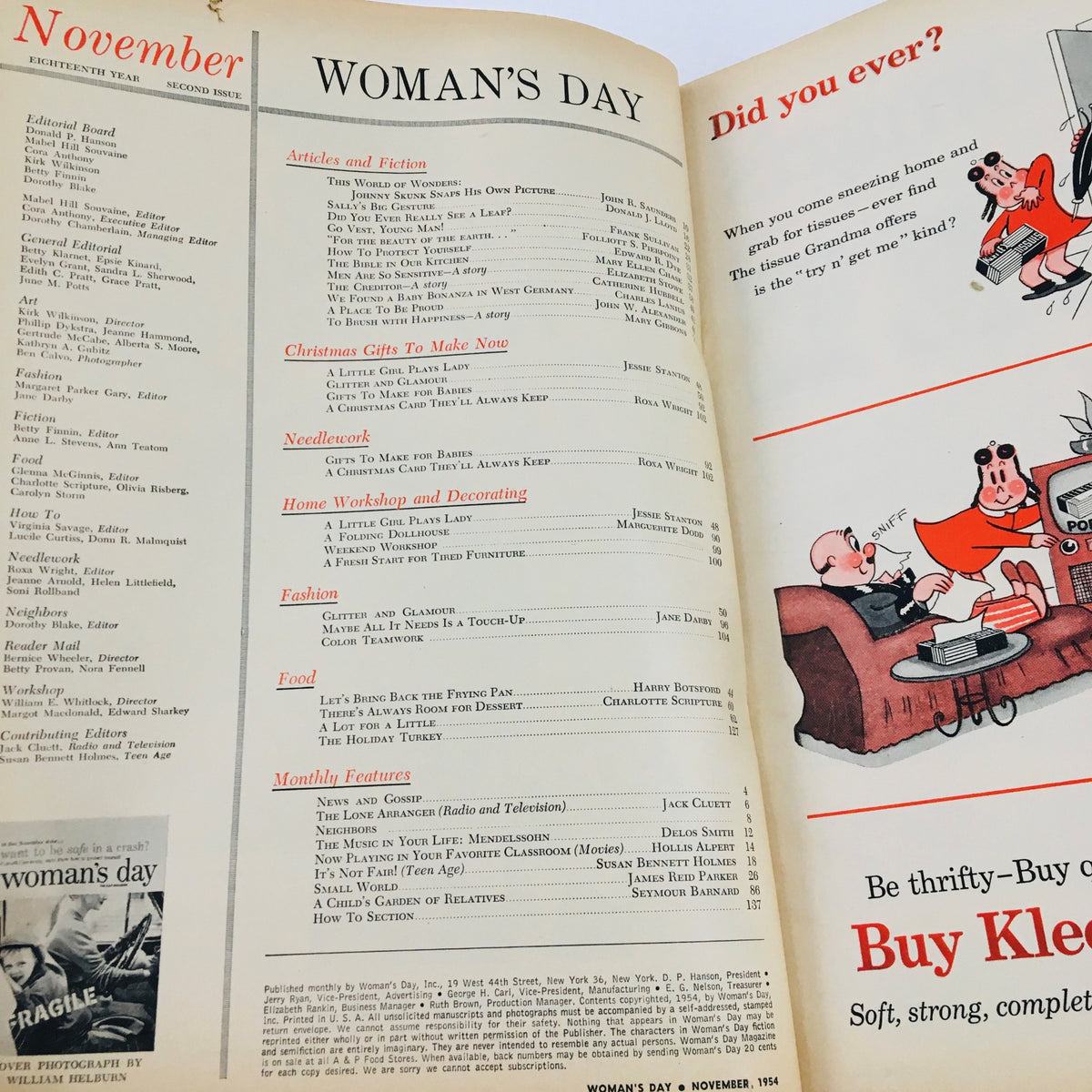 Interior page of Woman's Day Magazine November 1954 displaying the table of contents and articles including 'Johnny Skunk Snaps His Own Picture', showcasing the magazine's nostalgic features.