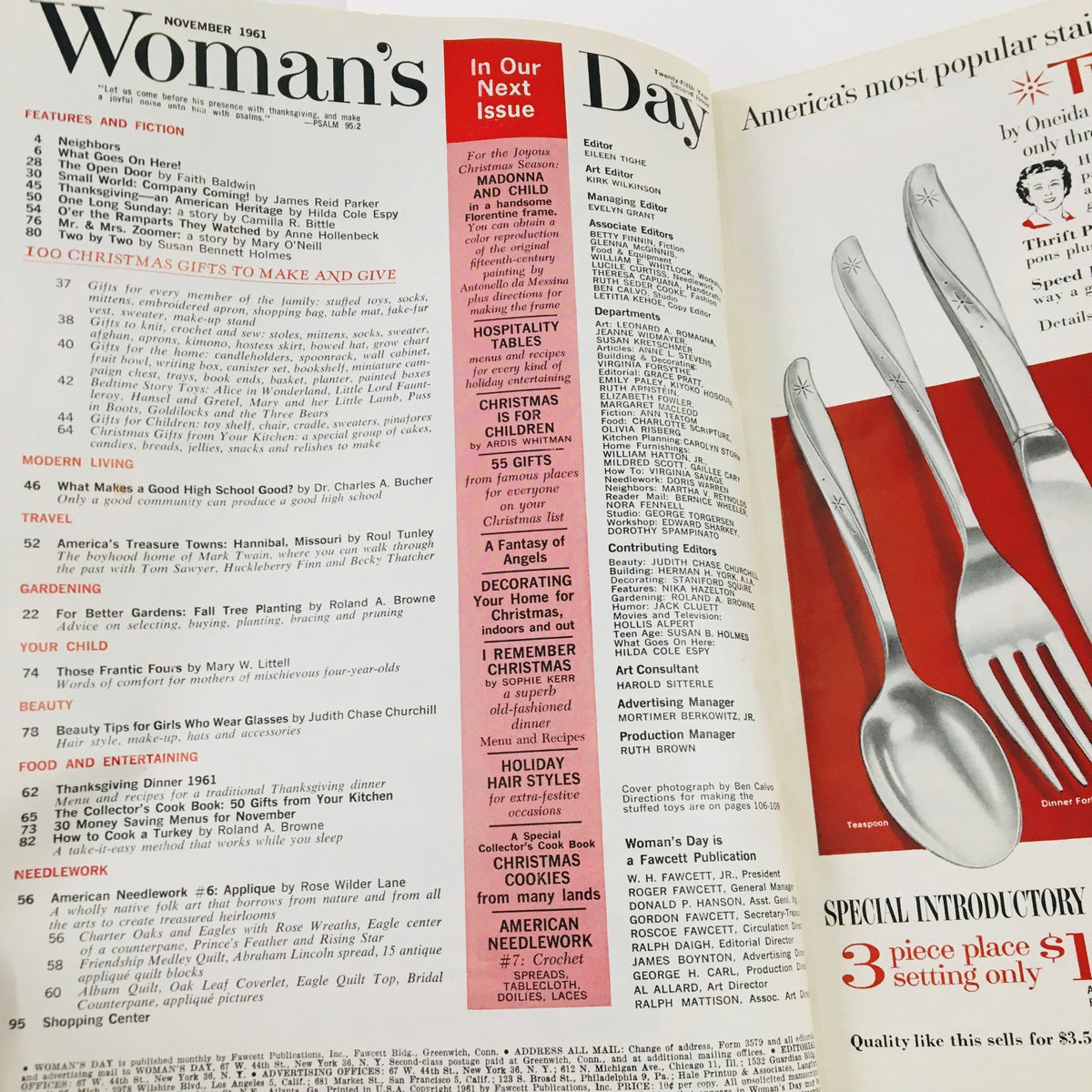 Interior page of Woman's Day Magazine November 1961 highlighting features, articles, and sections focused on Christmas gifts and holiday preparation.