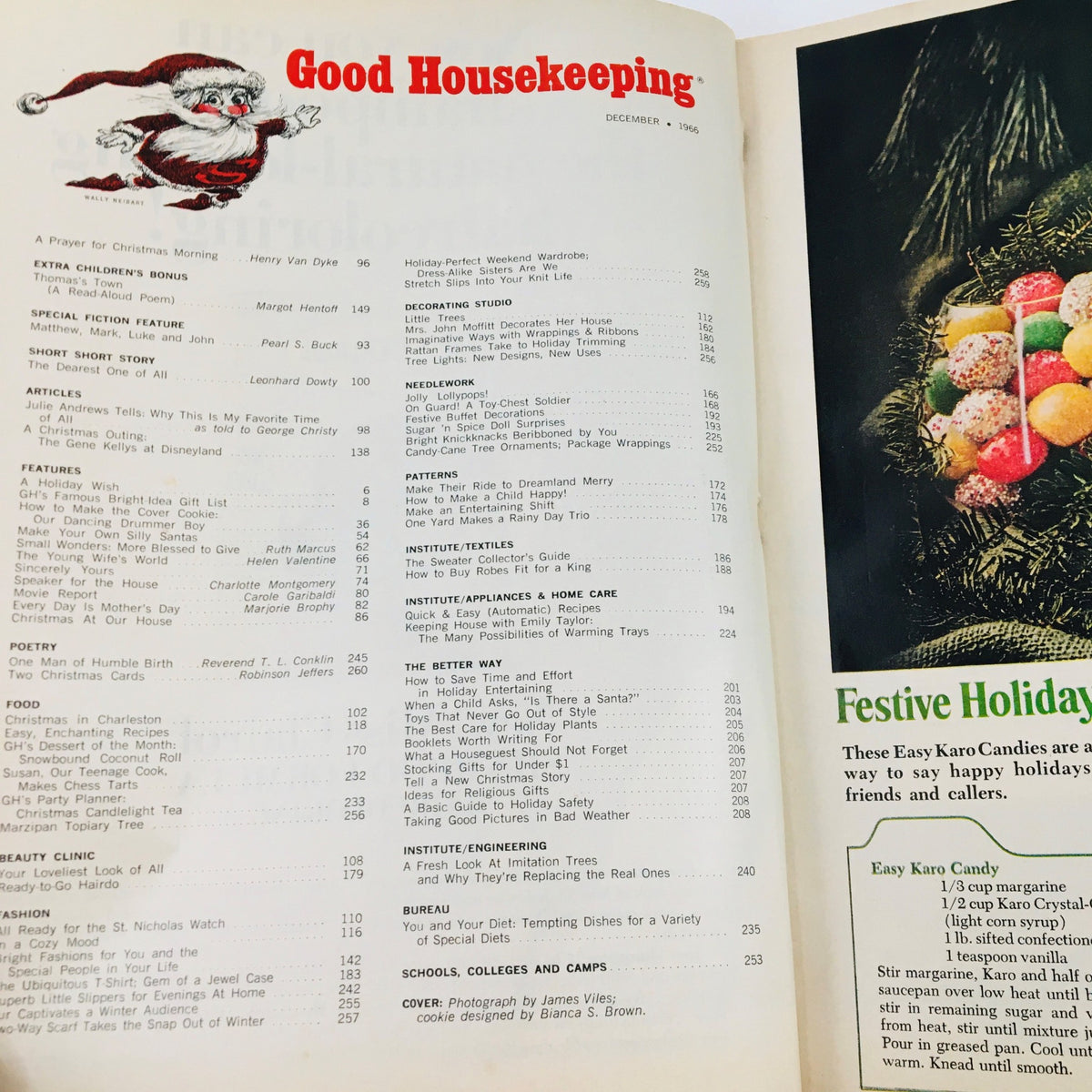 Contents page of Good Housekeeping Magazine December 1966, detailing various articles and features including festive recipes and cultural reflections.