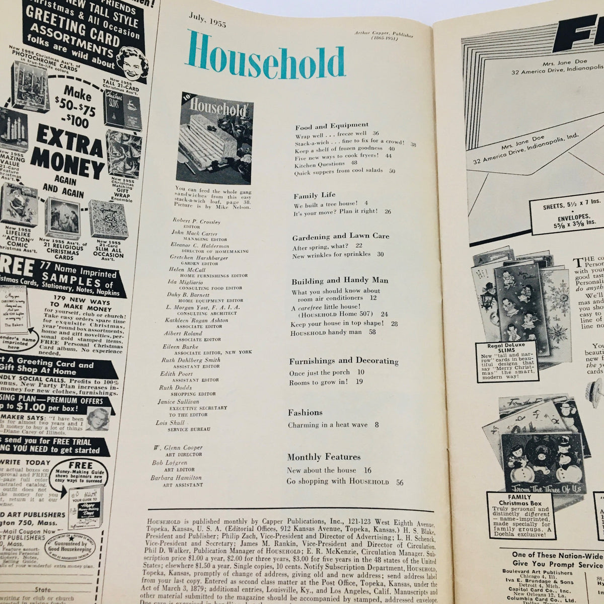 Interior page of Household Magazine July 1955 displaying the table of contents and featured articles.