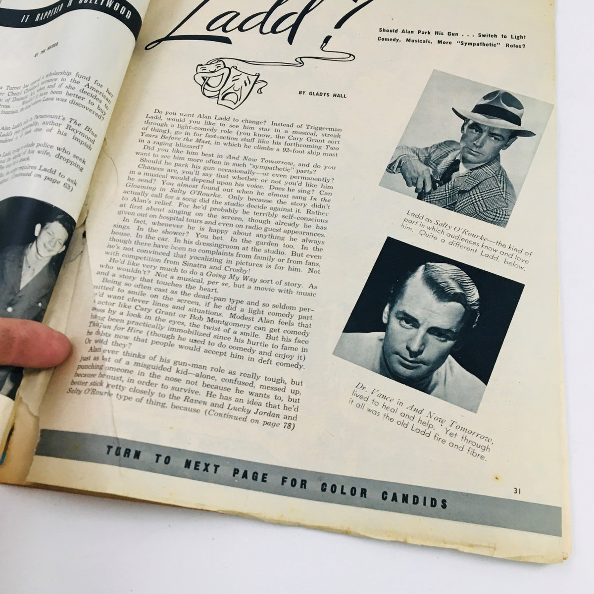 Interior page of Vintage Movies Magazine August 1945 discussing Alan Ladd and Hollywood's film scene.