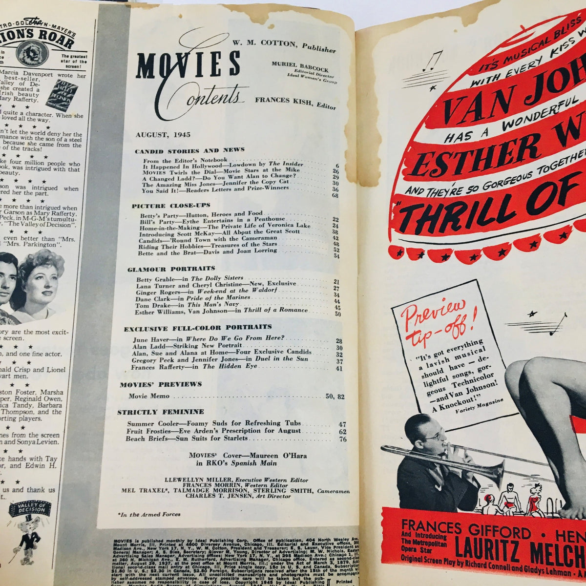 Table of contents page from Vintage Movies Magazine August 1945 detailing featured articles and interviews.