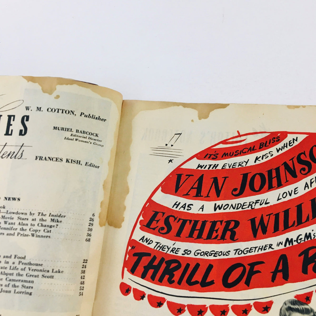 Close-up of the contents page from Vintage Movies Magazine August 1945 highlighting upcoming film features and celebrity news.