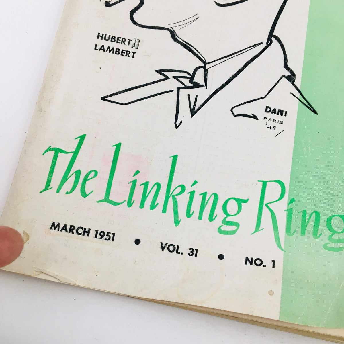 Cover of The Linking Ring Vol. 31 No. 1 from March 1951 featuring a drawing of Hubert Lambert and vibrant green lettering.
