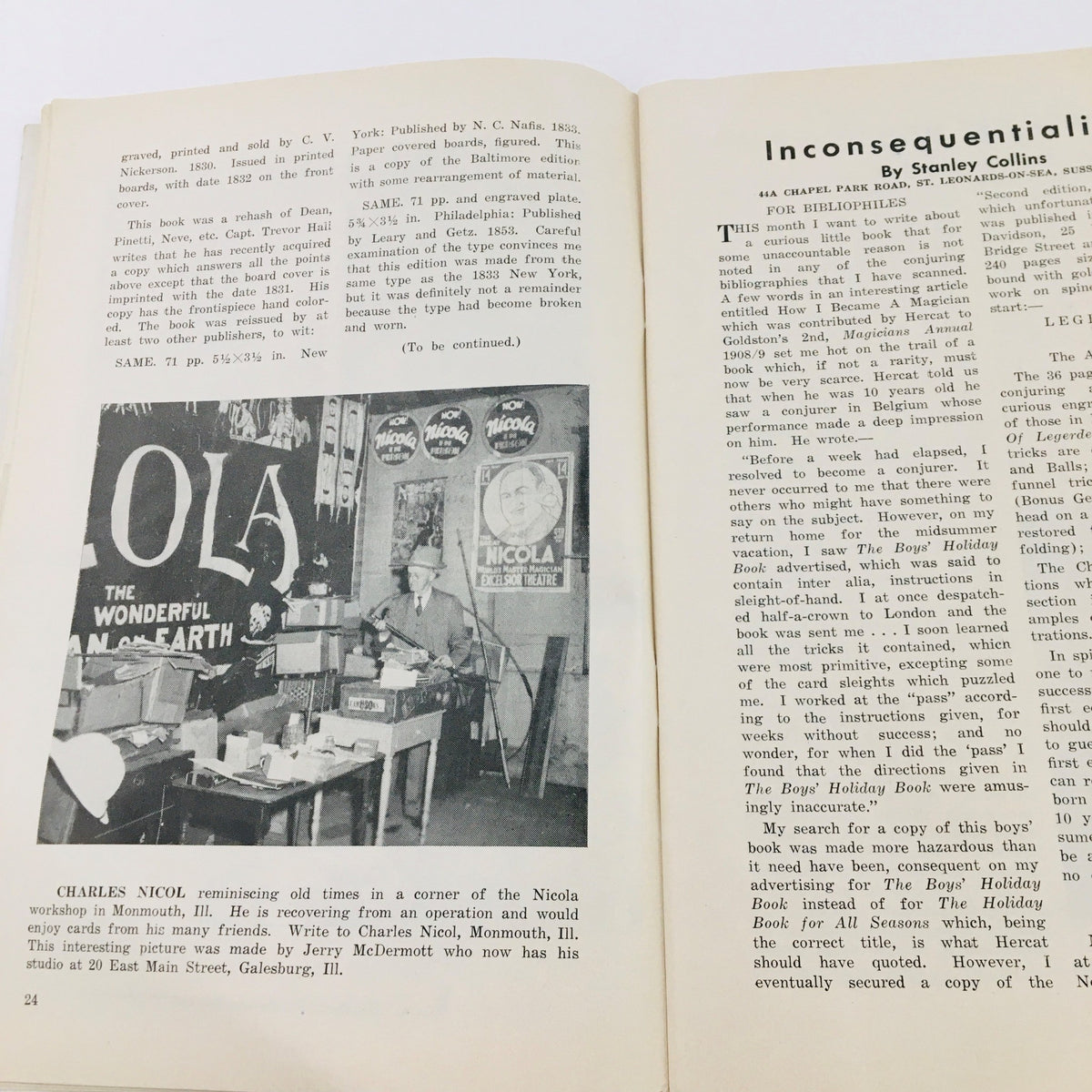 Interior page of The Linking Ring Vol. 31 No. 1 displaying a black and white photo of Charles Nicol in his magic workshop, surrounded by memorabilia.